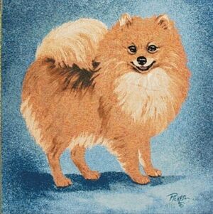 Vintage Blue Tote with Brown Pomeranian Artwork and Black Straps